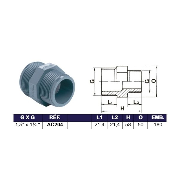 Bassin de jardin : DOUILLE REDUCTION FILETE 1"1/2 x1"1/4, Raccord fileté cannelé