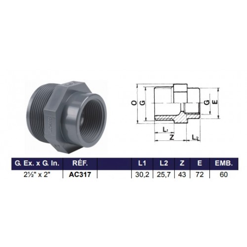 Bassin de jardin : DOUILLE FILET EXTÉRIEUR FILET INTÉRIEUR 2"1/2 X 2", Raccord fileté cannelé