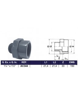 Bassin de jardin : DOUILLE FILET EXTÉRIEUR FILET INTÉRIEUR 1"1/4 X 1"1/2, Raccord fileté cannelé