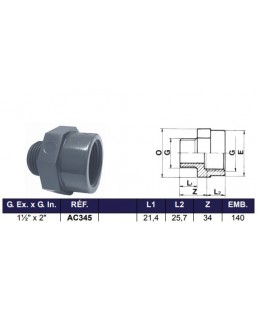 Bassin de jardin : DOUILLE FILET EXTÉRIEUR FILET INTÉRIEUR 1"1/2 X 2", Raccord fileté cannelé